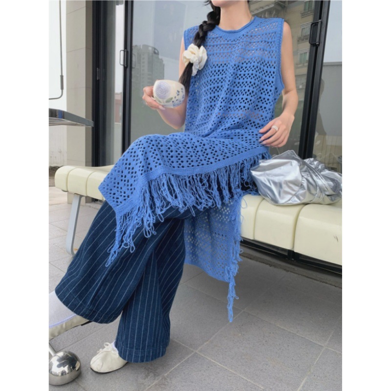 Spring and Summer Korean Stacked Wear Outer Long Loose Blouse Skirt Blue Fishing Net Split Tassel Knitted Vesset Skirt for Women