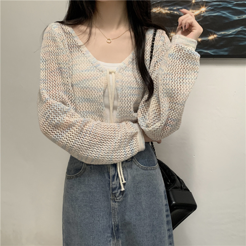 Hollow Lace-up Gradual Change Sunscreen Knitted Cardigan Women's Summer Thin Small Shawl Blouse Outer Short Ice Silk Top