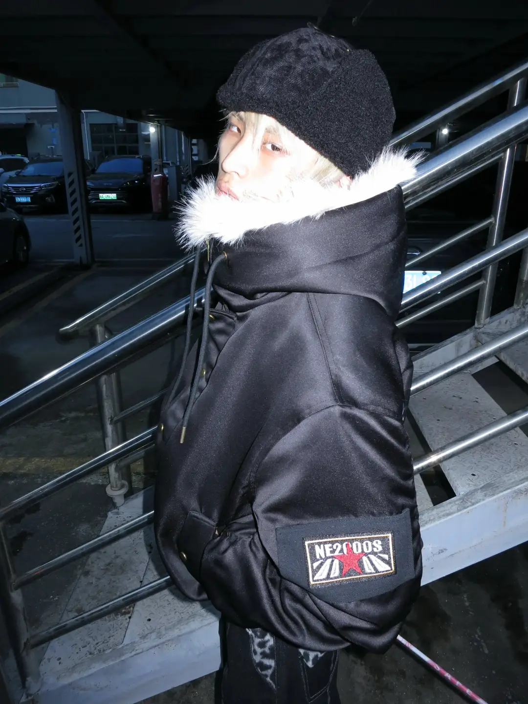 No E Mosen* Leopard Print Hooded Fur Collar Thickened 2000 Red Star Armband Pilot Street Cotton Jacket