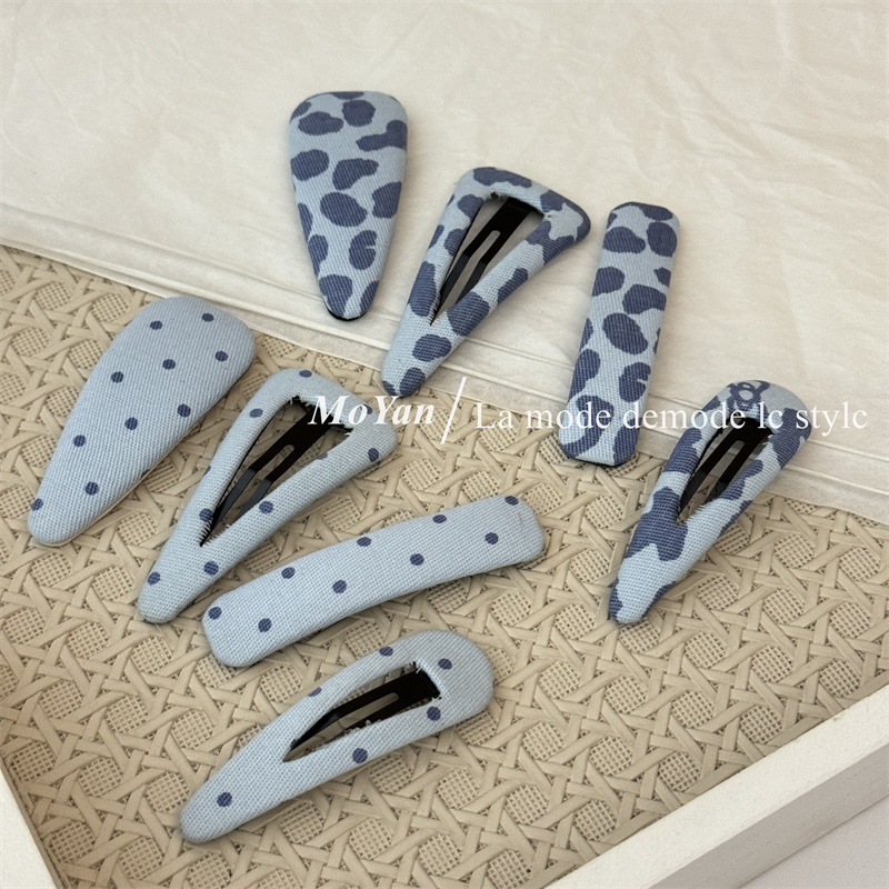Korean-Style Simple Blue Polka Dot Geometric Hairpin with Fresh Cow Print Bangs Bb Clip, Versatile and Stylish Side Hair Clip
