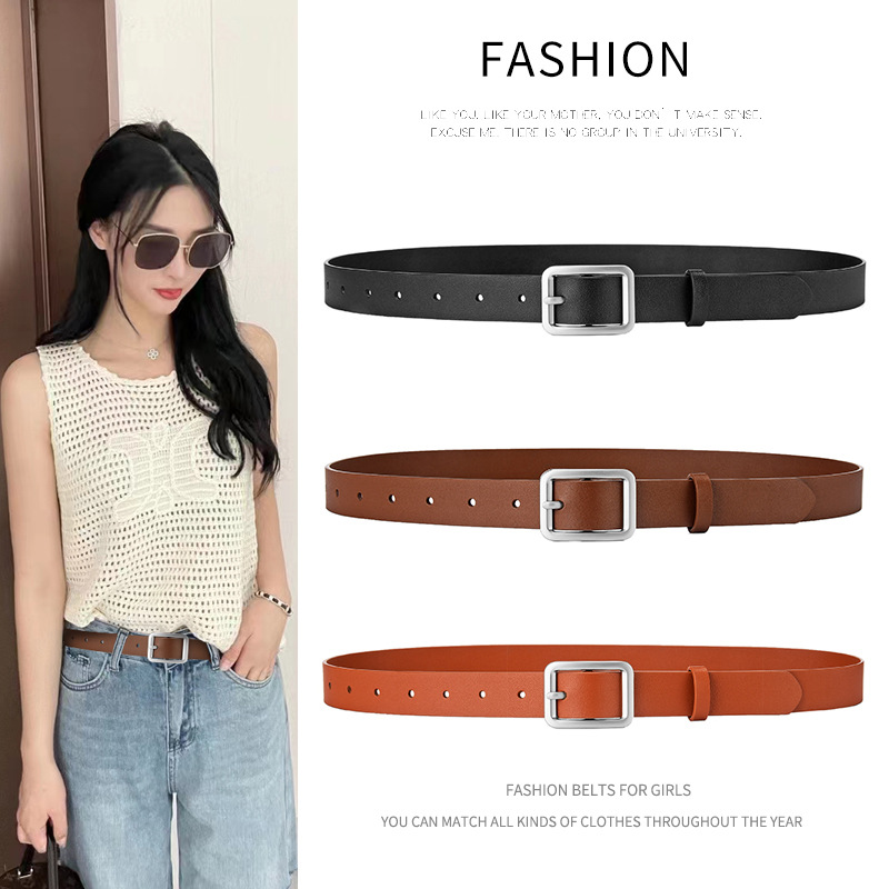Women's Leather Belt with D-Ring Buckle, Genuine Cowhide, Versatile, Simple, Suitable for Suits, Business, Jeans, Skirts, and Pants