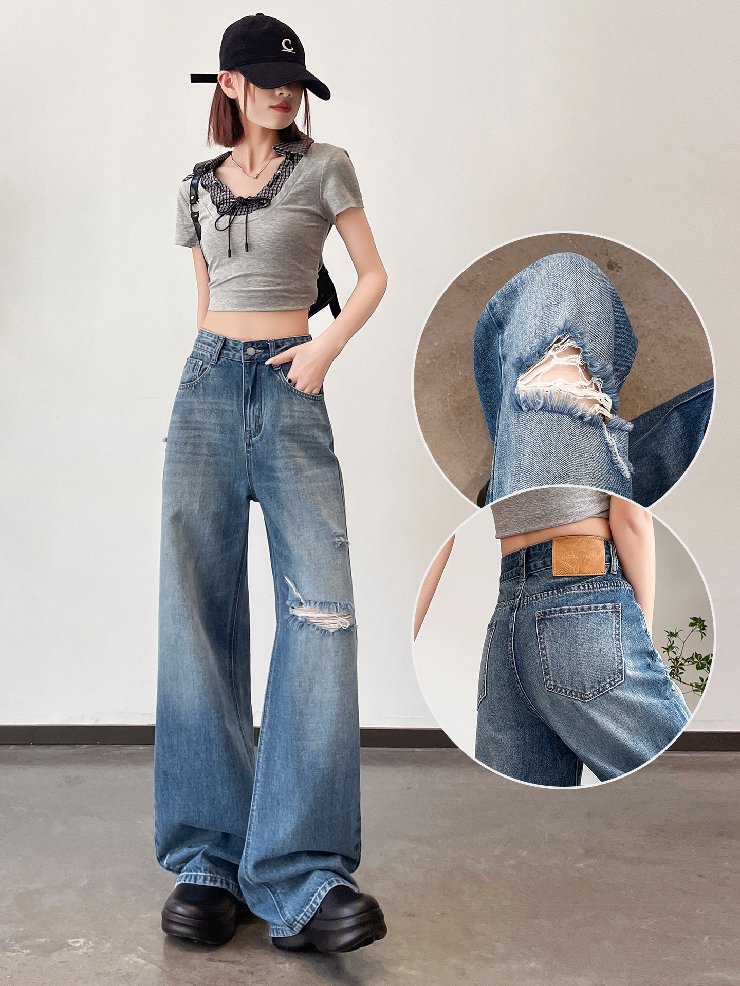 American-Style Spicy Girl Design Jeans for Women, New Spring and Autumn Vintage Ripped Wide-Leg Floor-Length Pants
