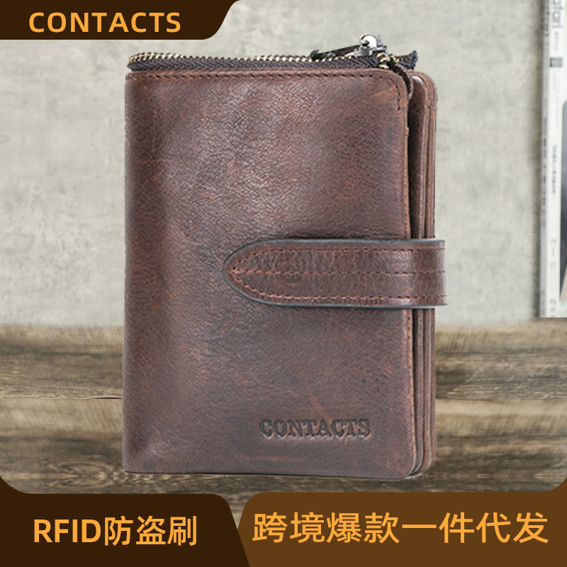 Black Angel RFID Anti-theft Brush Crazy Horse Cowhide Men's Wallet Multifunctional Genuine Leather Buckle Wallet Spot Hair