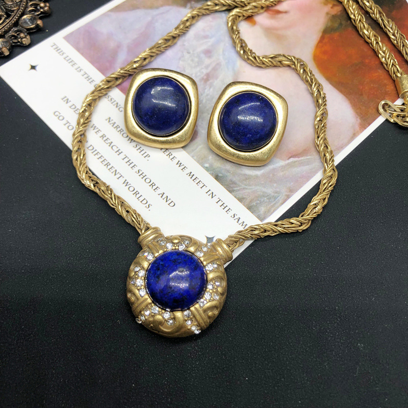 Western retro style copper chain gold plated old effect necklace lapis lazuleite inlaid gem diamond sweater chain versatile jewelry
