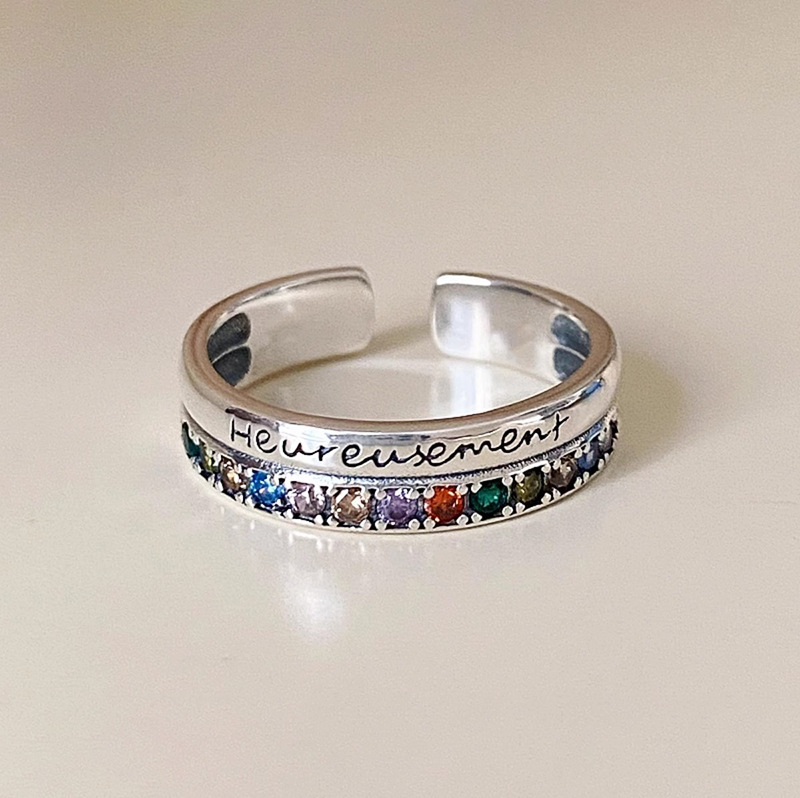 Vintage Double-layer Colored Diamond Letter Ring Women's Niche High-end Finger Ring Fashionable Simple Zircon Open Ring