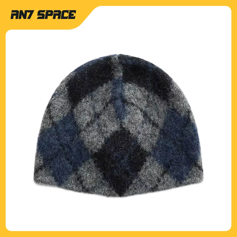 Our Legacy Color blocked plaid knitted wool blended elastic cold hat casual versatile hat autumn and winter new hat