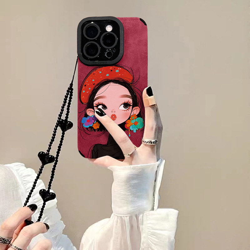 Suitable for Apple 17Promax Mobile Phone Case Iphone16 Oil Painting Girl Chain 15 Huawei 14 Silicone Anti-Fall 13