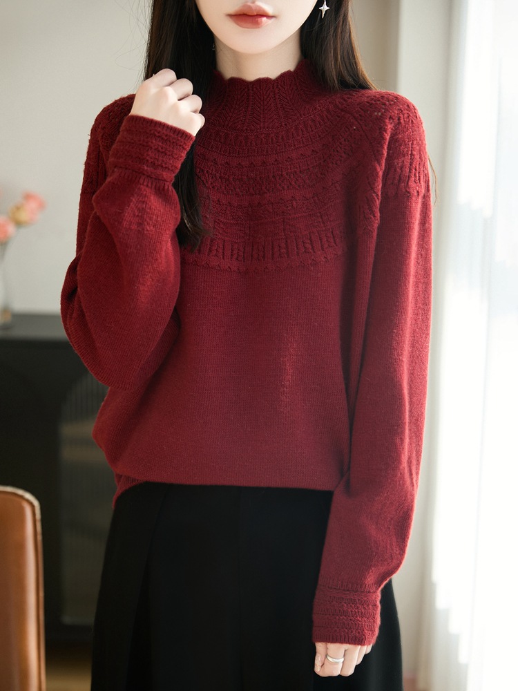 2026 Autumn/Winter New Skin-Friendly Seven-Gauge Thickened Half-Turtleneck Knitted Sweater Long Sleeve Hollow Crochet Base Shirt Top