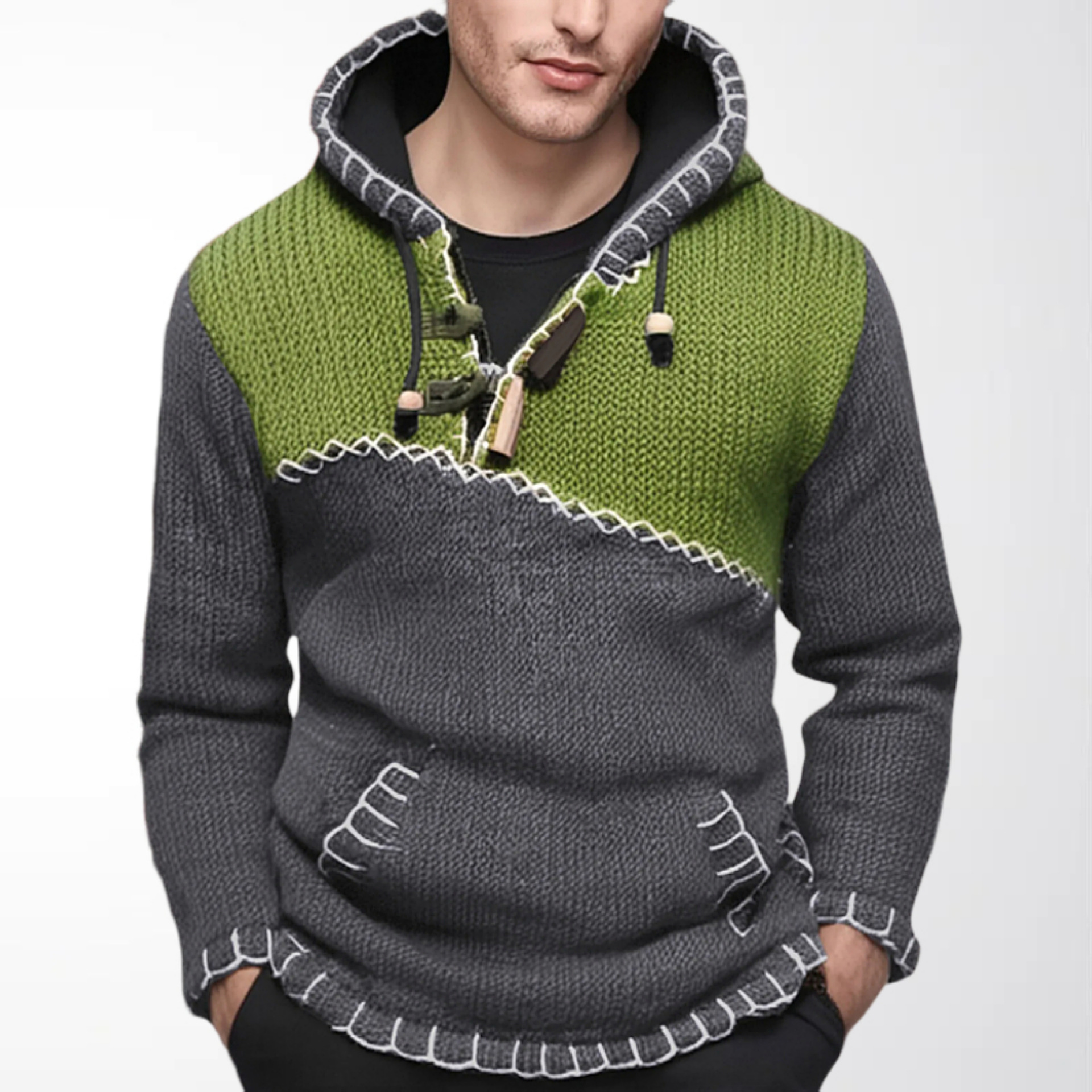 Men's Knitted Sweatshirt Autumn and Winter Color-Blocked Contrast Stitching Half-Zip Hooded Pullover Sweater Foreign Trade Men's Clothing Wholesale Sy0006