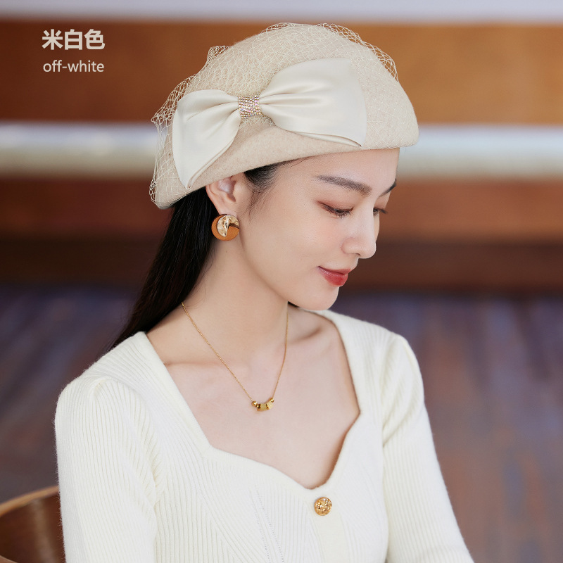 French Retro Mesh Beret Hat for Women Autumn and Winter Australian Woolen Felt Hat Rhinestone Big Bow Fashion Trendy