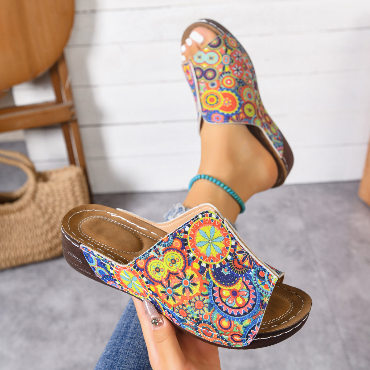 European and American Foreign Trade Large Size 44 45 Ethnic Style Thick-Soled Slip-On Sandals for Women, Wedge Heel Open-Toe Lightweight Beach Sandals Wish