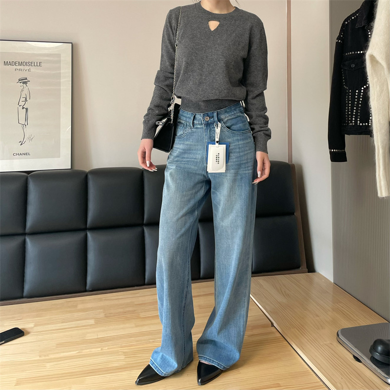 Vxmor Light Blue Spring Straight-Leg Pants for Petite Women, High-Waisted Slimming Pocket Embroidered Jeans, Women's Four-Way Stretch Long Pants