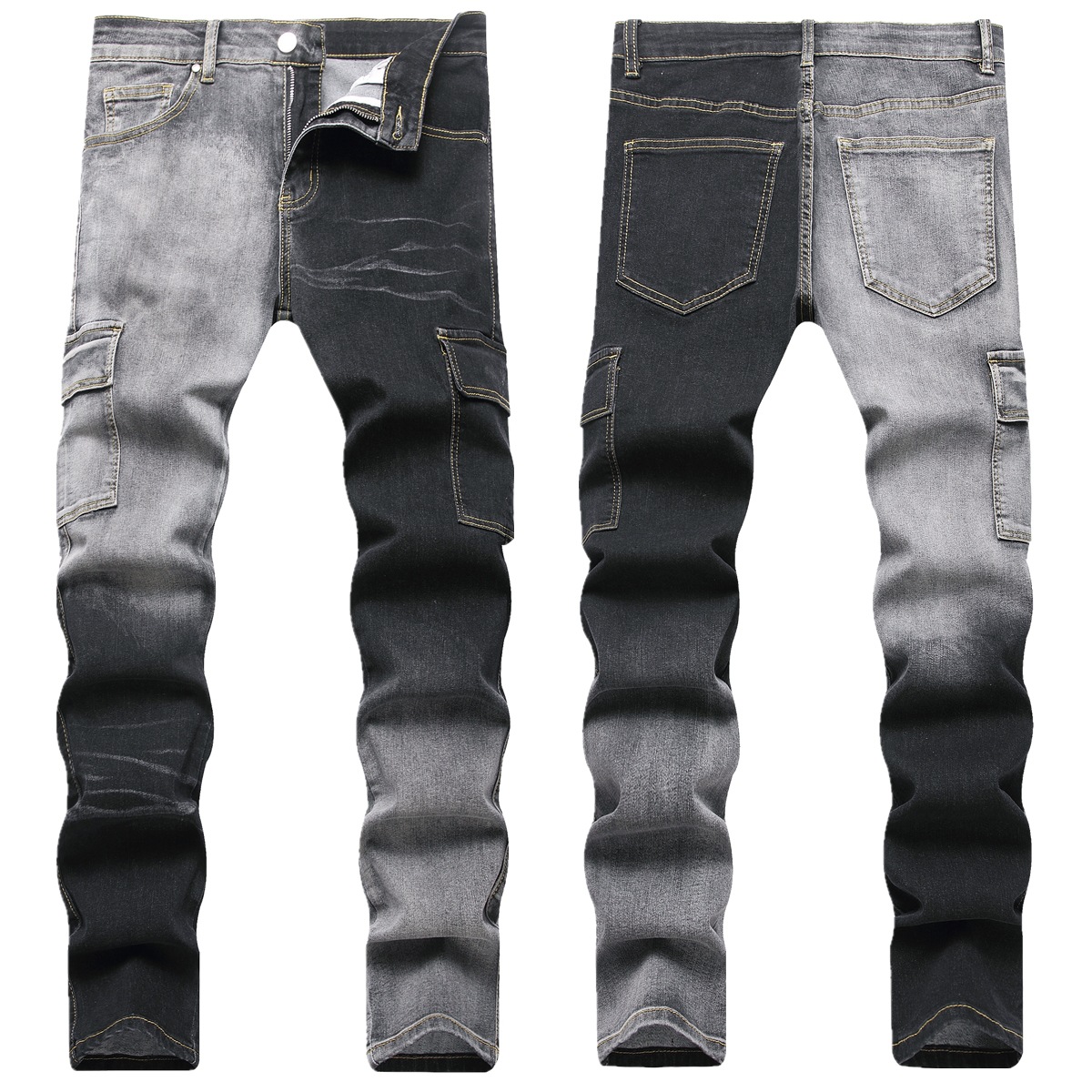 in stock Supply 2025 European and American Foreign Trade Street Tide Slim Fit Straight Black Grey Contrast Amazon Men's Denim Pants