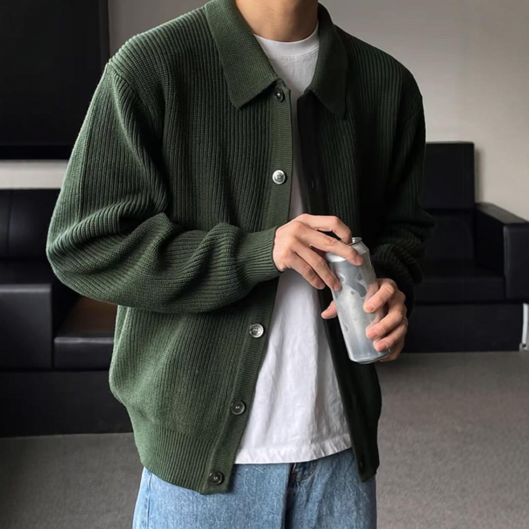 Autumn and Winter Dark Green Lapel Knitted Sweater Cardigan Jacket Men's Loose Lazy Style Sweater Korean Men's Fashion Casual QC photo from 1688 on Qualit.ly
