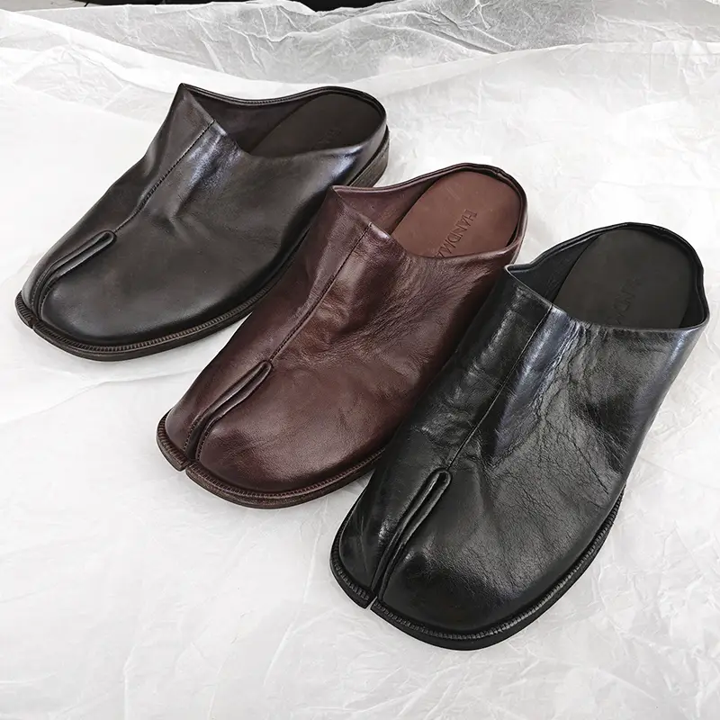 R21 Handmade Washed Horsehide Tabi Split-Toe Shoes for Women, Closed-Toe Slippers, Dark Style Pig's Trotters Outwear Half Slippers for Men