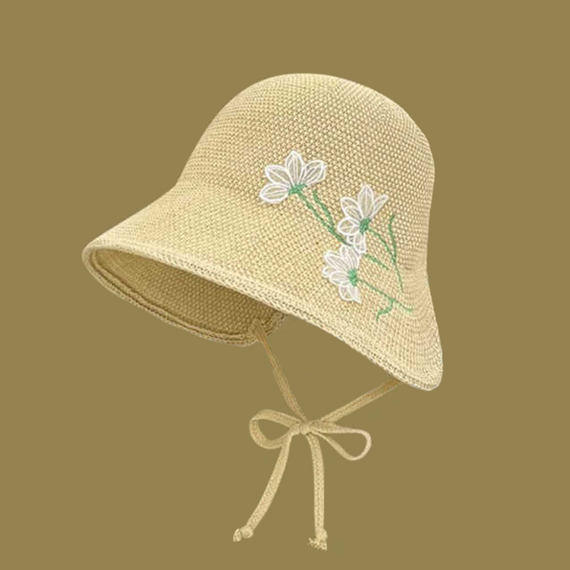 New Summer Sun Protection Sun Hat for Women, Breathable Large-Brimmed Bucket Hat, Korean Style Flower Embroidered Sun Hat