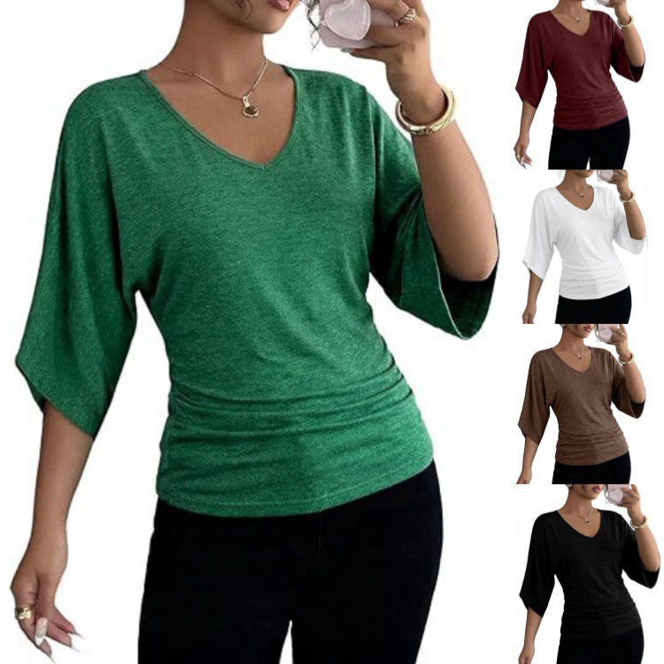 2026 Spring and Summer New European and American Foreign Trade Amazon V-Neck Solid Color Five-Quarter Sleeve Fashionable Versatile Top Women's T-Shirt