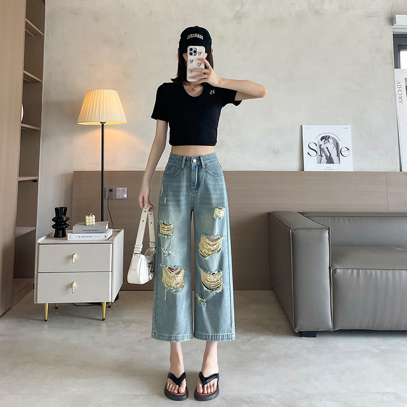 Big Ripped Denim Wide Leg Cropped Pants Women's Summer New Nostalgic Blue Slim Look Small Straight Ripped Cropped Pants