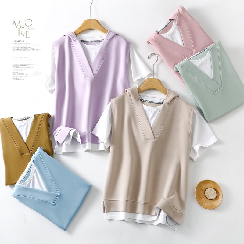 Spring and Summer 2013 New Short-sleeved Fake Two-piece Thin Sweater Women's Loose Air Layer Hooded T-shirt Top for Women