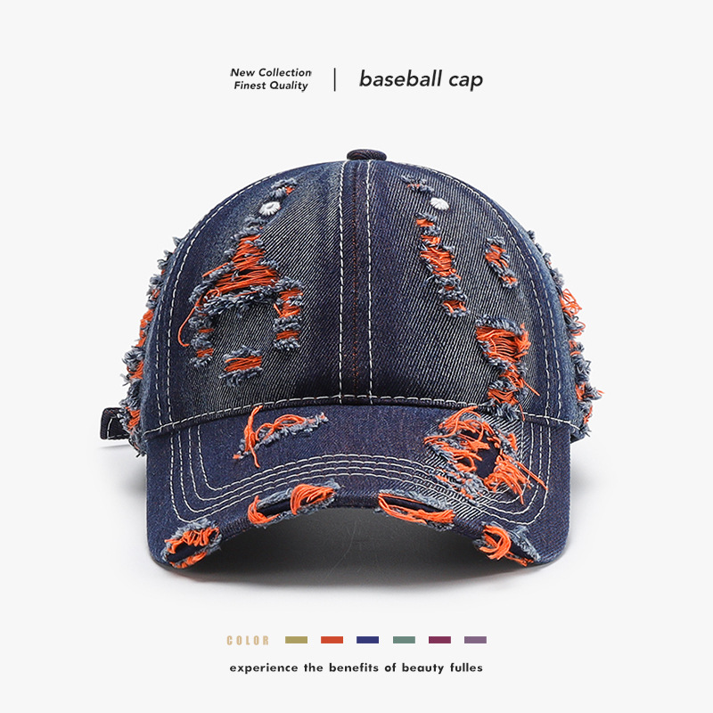 Solid Color Retro Denim Baseball Cap Personalized Fashion Ripped Peaked Cap Trendy Men and Women Street Hip-Hop Sun Hat Wholesale
