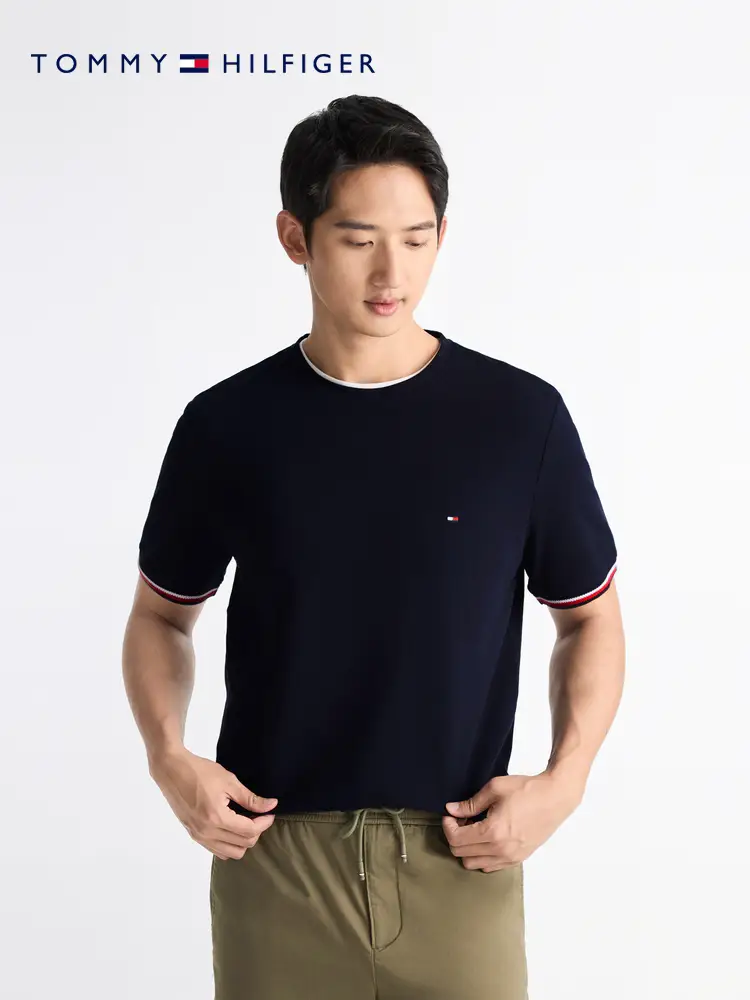 [Light and Soft] Tommy25 New Arrival Summer Men's Pure Cotton Pique Trim Cuff Short Sleeve T-shirt 38630