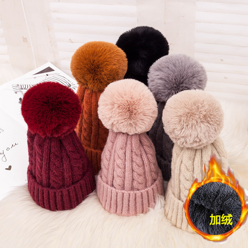 fleece-lined Twist Hair Ball Wool Cap Women's Winter Korean Style Thickened Button Knitted Cap Ear Protection Cap Pullover Cold Cap