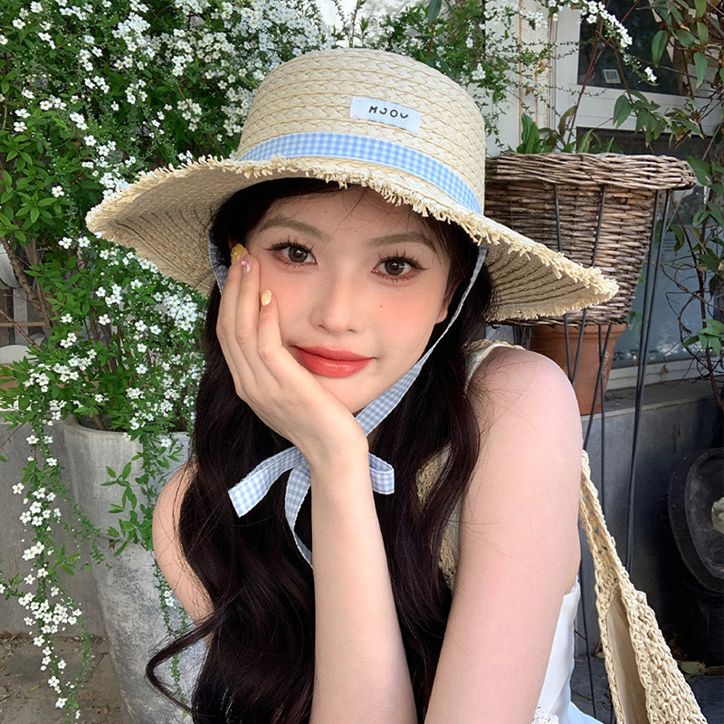 French-Style Two-Way Flat-Top Straw Hat for Women, Summer Beach Sun Protection Straw Hat with Large Brim