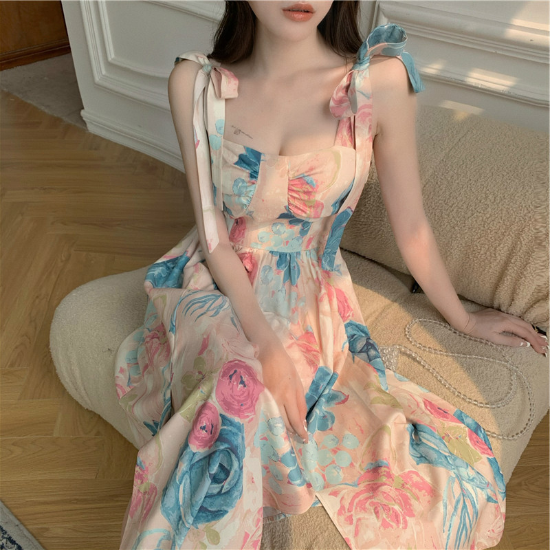 2024 New Summer Style Super Fairy Bow Strap Suspender Skirt French Retro Oil Painting Print Elegant Dress Trendy