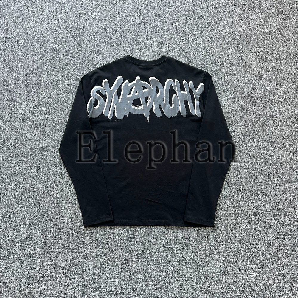 Synaorchy Long-Sleeved T-Shirt, Sports Hip-Hop Casual Loose Top with Sleeves on the Back, Black and Gray, Same Style as Celebrities