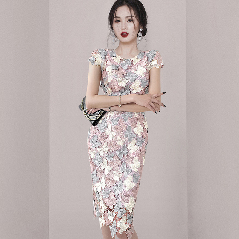 Celebrity Style Round Neck Dress 2025 Summer New Elegant Color Matching Water Melt Flower Slim Mid-Length Lace Hip Skirt