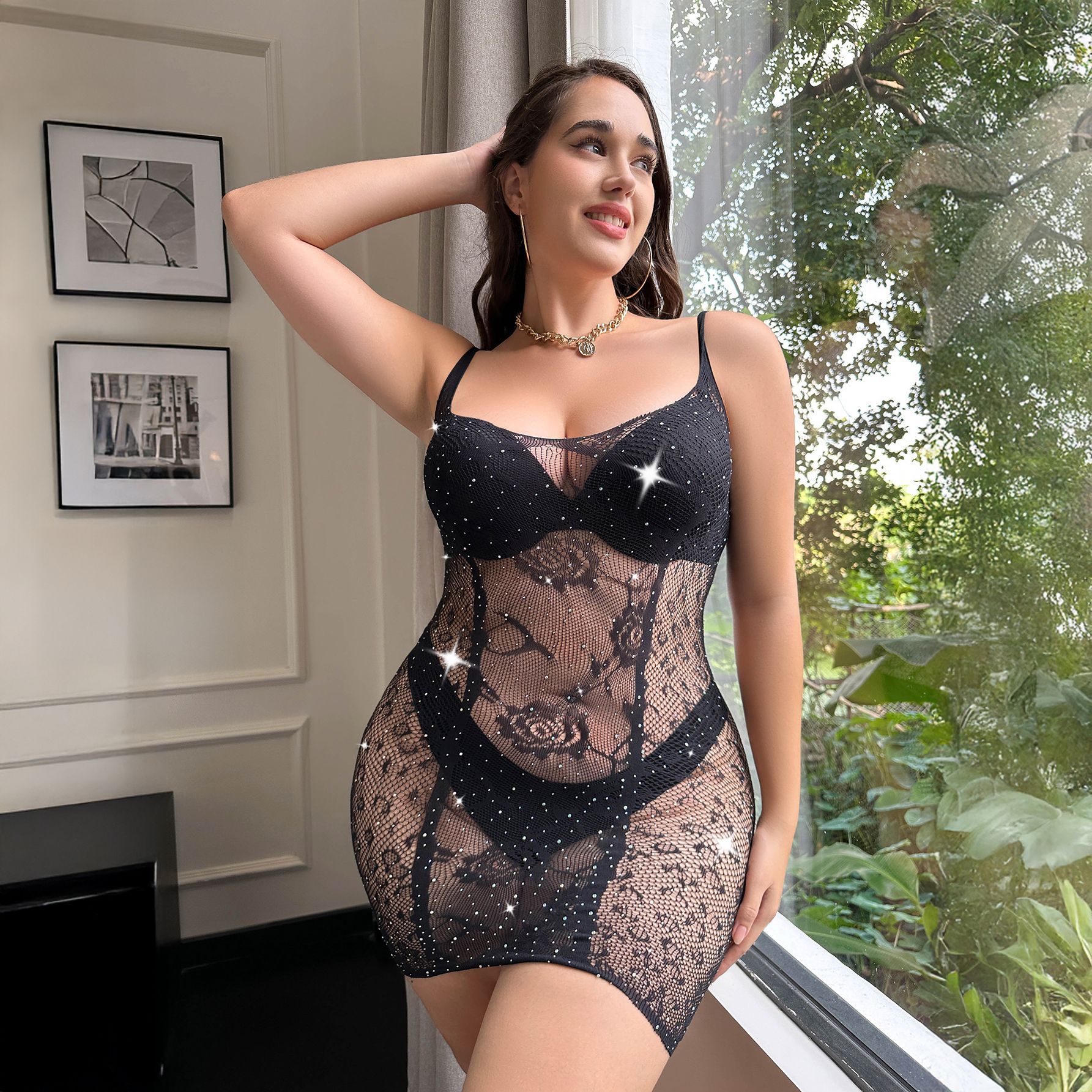 Plus Size European and American Tight-Fitting Hot Diamond Cut Out Fishnet Hip-Hugging Dress Temptation See-Through No-Take-Off Jumpsuit Lingerie