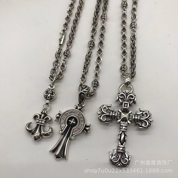 Ch Crouch New Flame Cross Retro Pendant Necklace Fashion Trendy Couple Sweater Letter Chain
