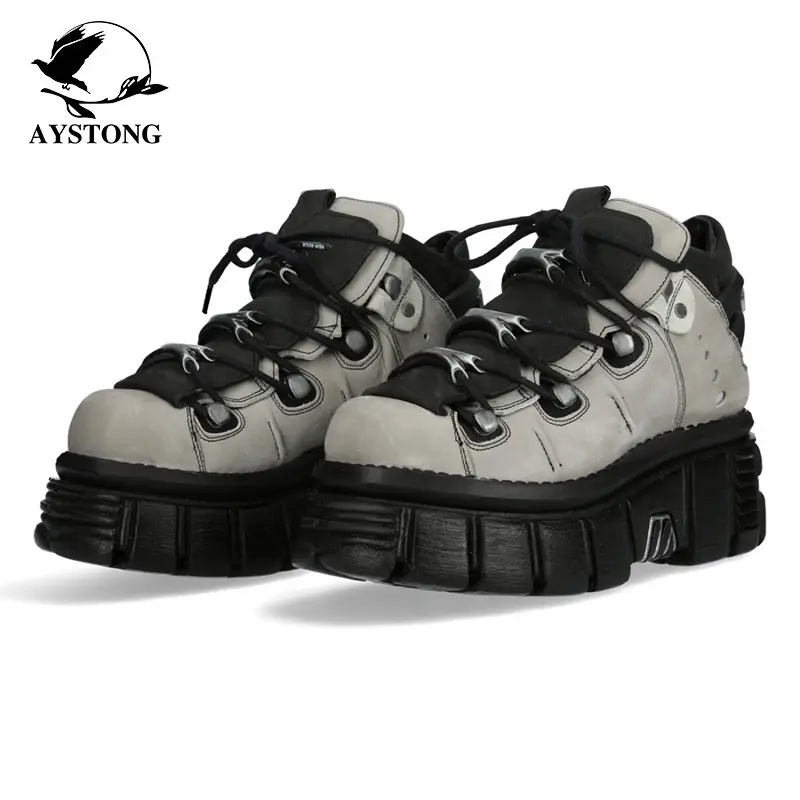 Yao Chen and Yang Ying's Same Style Rock Shoes, Spanish Trendy Brand Retro Punk Small Leather Shoes for Women, Metal Thick-Soled Street Style Single Shoes