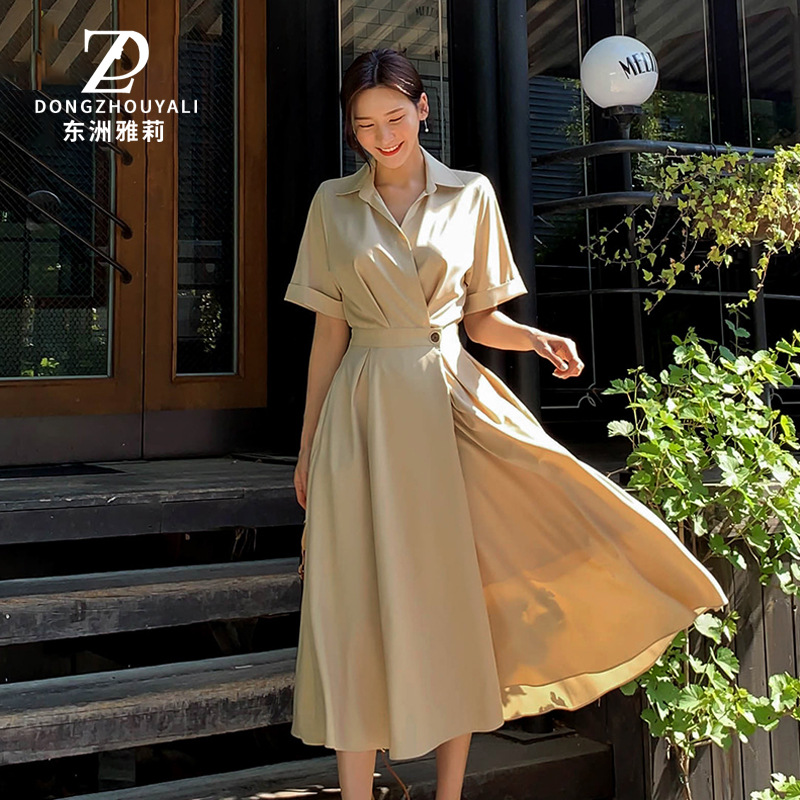 Dress with Short Sleeves, 2024 Summer New Women's Fashion, Shirt Collar, Solid Color, Elegant, Large Hem Dress, Korean and Japanese Style