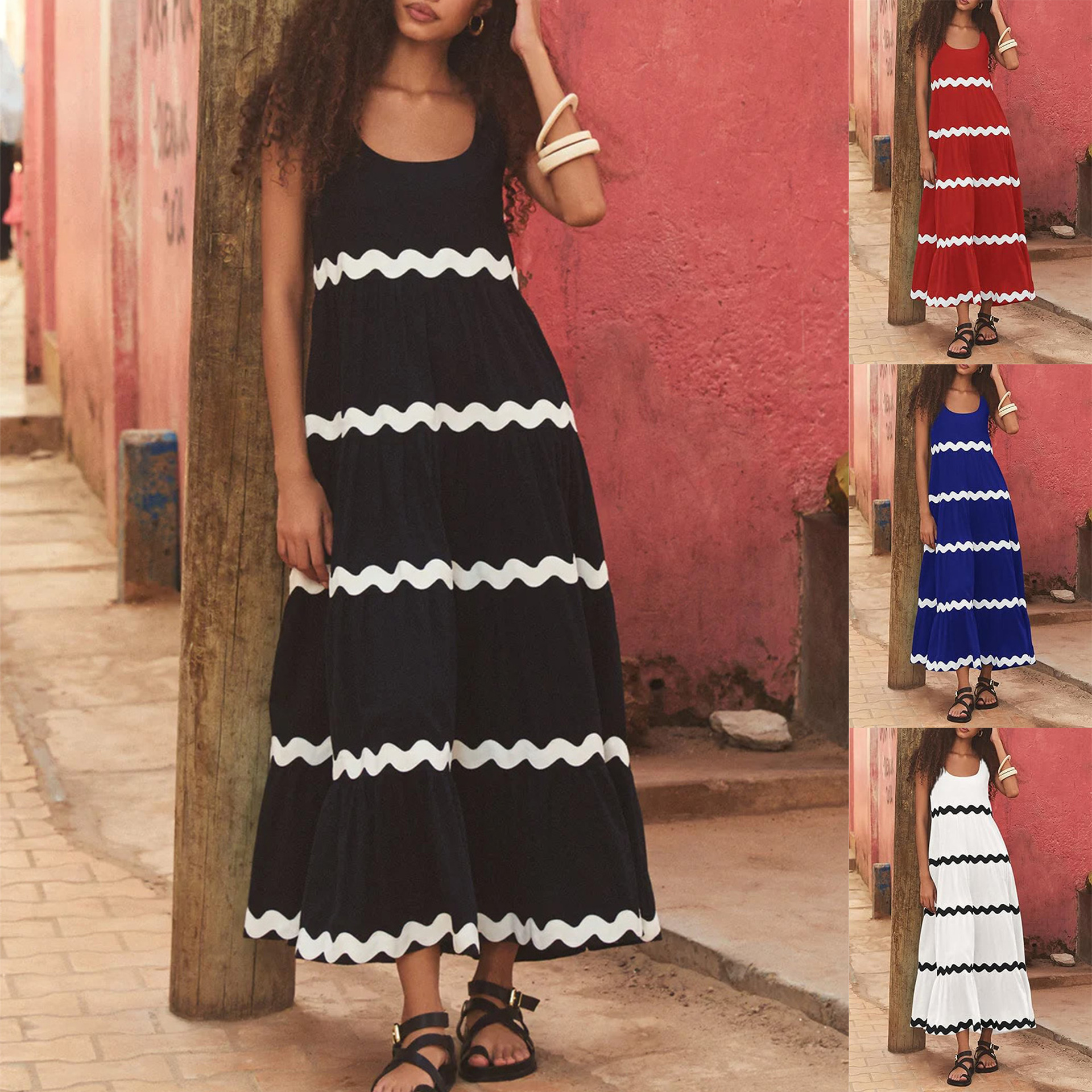 24 New Summer Style Amazon Simple U-Line Collar Corrugated Tube Top Pure Color A-Line Suspender Skirt