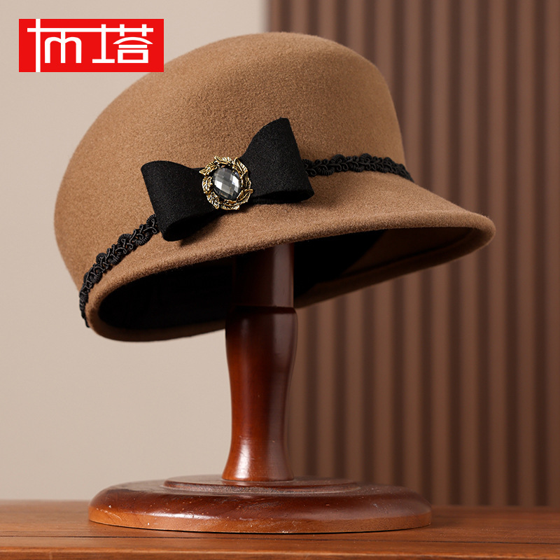 Buta Autumn and Winter Wool Equestrian Hat Women's Wool Knights Hat Topper Hat Women's British Style Elegant Small Riding Basin Hat 1385