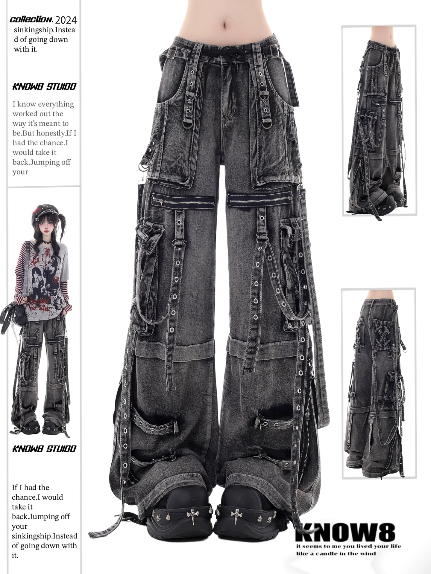 Know8 Dark Punk Heavy-Duty Distressed Jeans with Multiple Pockets, Workwear Style Wide-Leg Pants, Loose and Slimming Foto QC de TAOBAO na Qualit.ly