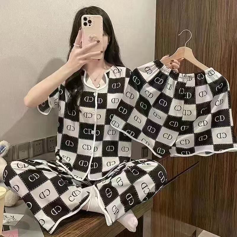 New Fashion Pajamas for Women, Summer High-Quality Trendy Three-Piece Set with Short Sleeves, Sweet Home Wear