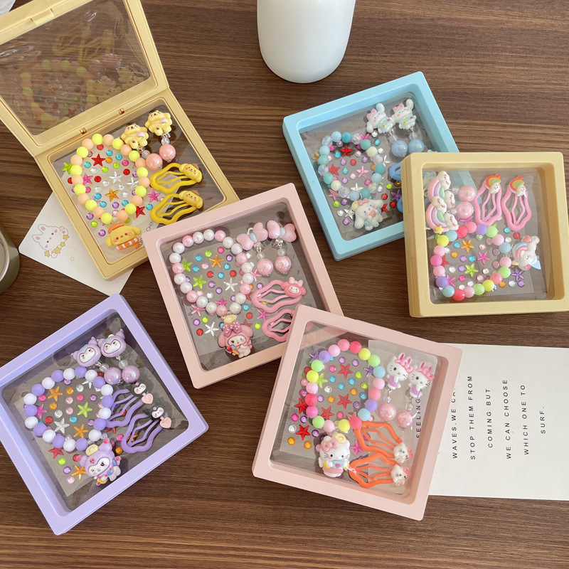 Children's Creative Bracelet Earrings Sweet and Cute Cartoon Hairpin Gemstone Sticker Combination Set Girls Jewelry Batch