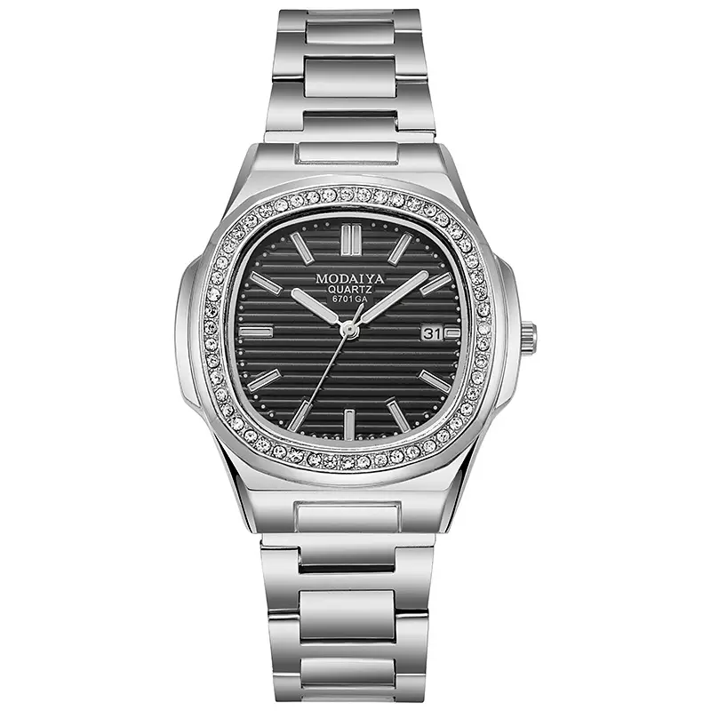 2023 New Arrival Fashion Square Luxury Diamond Quartz Business Men Wrist Watch Alloy Steel Belt Calendar Scale Watch
