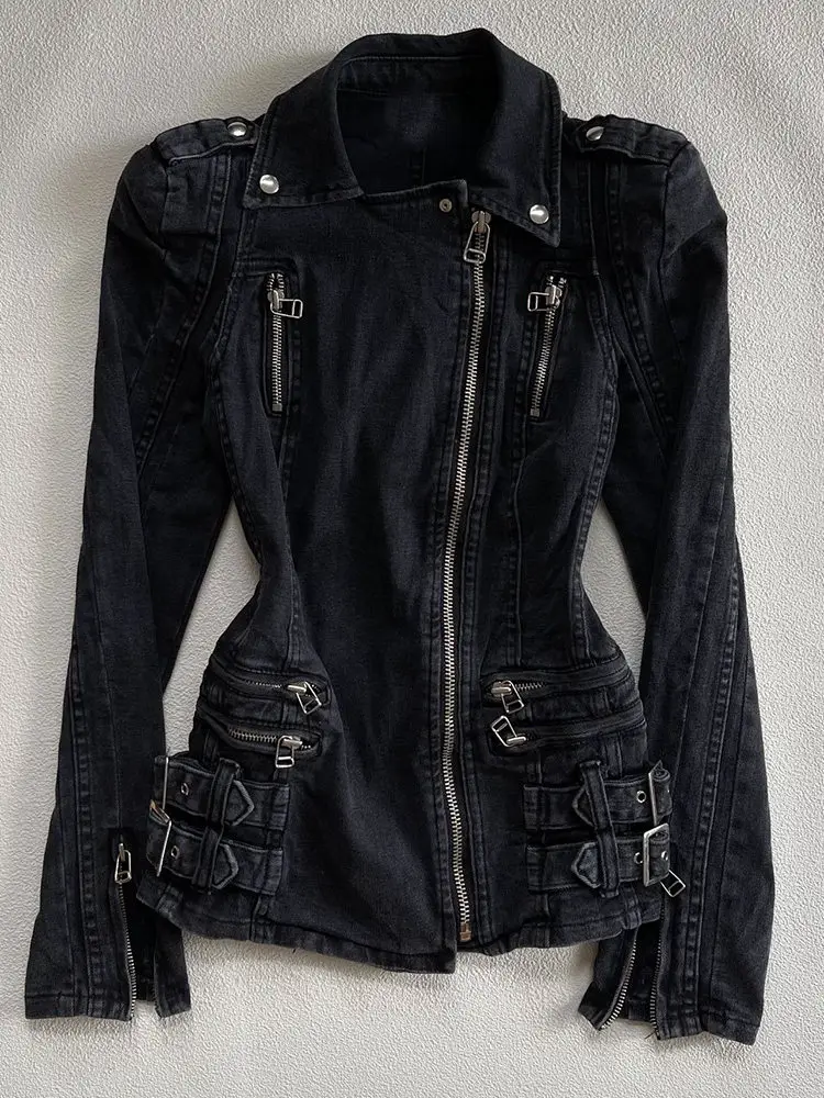Huamo Original Design Sense Black Cowboy Jacket y2k Vintage Super Beautiful Versatile Look Slimming Top 2025 Autumn