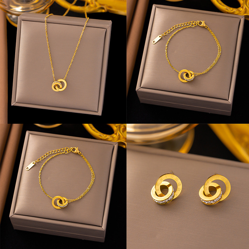 Europe and the United States cross-border wholesale Rome double-ring necklace female titanium steel full diamond clavicle chain fashion Joker high-level sense does not fade