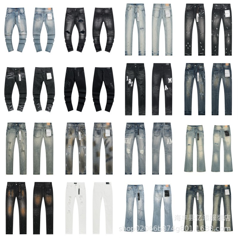 Purple American-Style High Street Ripped Patch Trendy Retro Straight-Leg Am Washed Jeans Men's Pants Wholesale