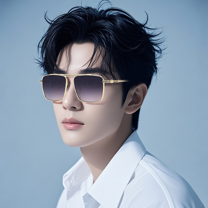 New cross-border metal double beam sunglasses men's sunscreen UV protection driving vintage box women's sunglasses