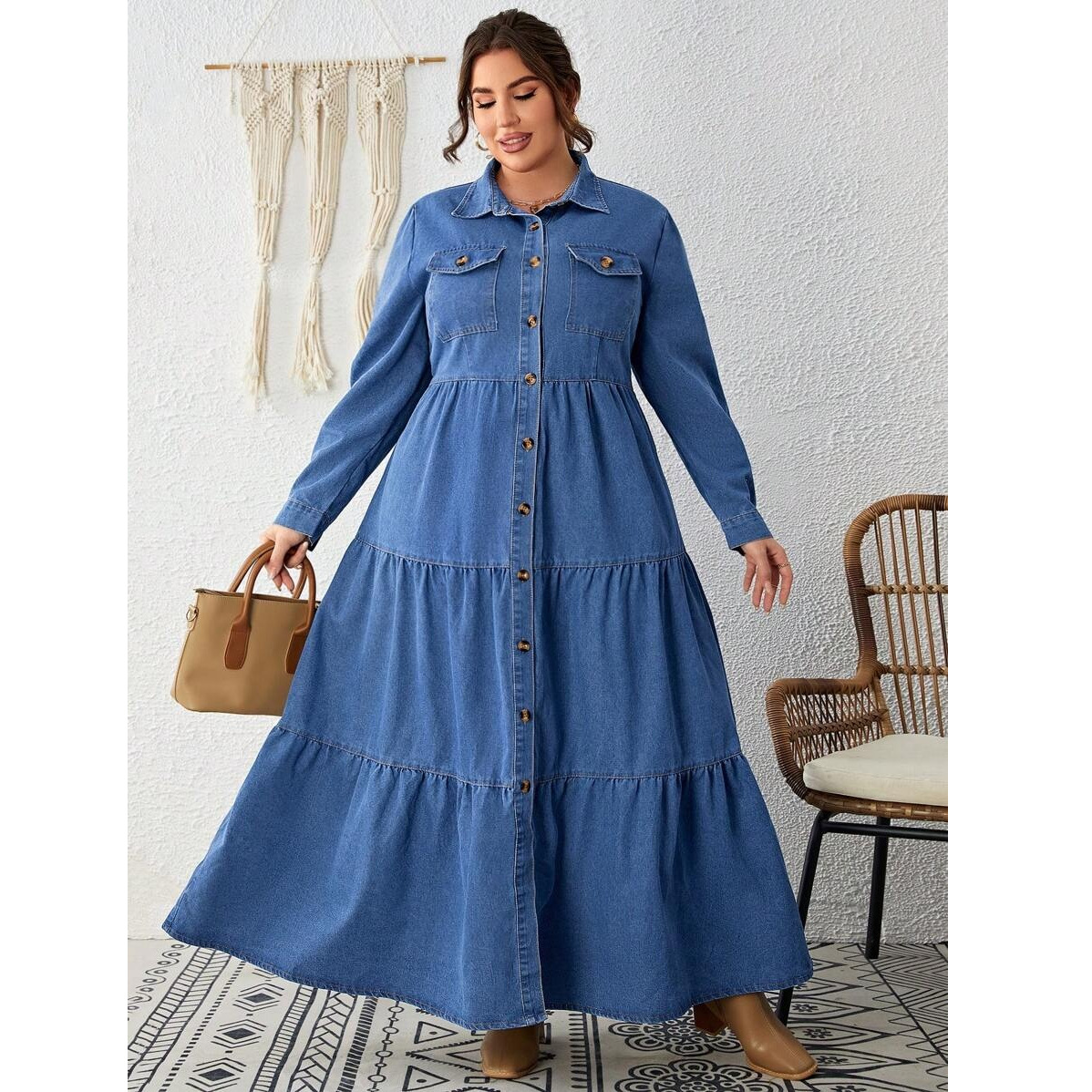 2026 New Style Elegant and Fashionable Denim Dress with Pockets, Plus Size Women's Clothing, Casual, Simple, Long Style