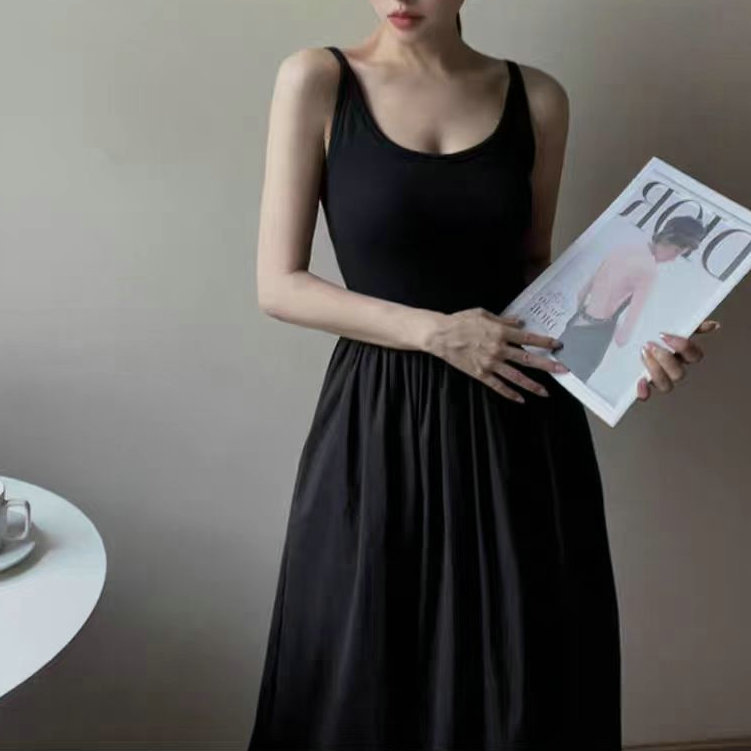 Hepburn Style Black Sleeveless Vest with Camisole dress Women's Summer New Arrival Tight Waist Slimming Elegant French Style Long Skirt