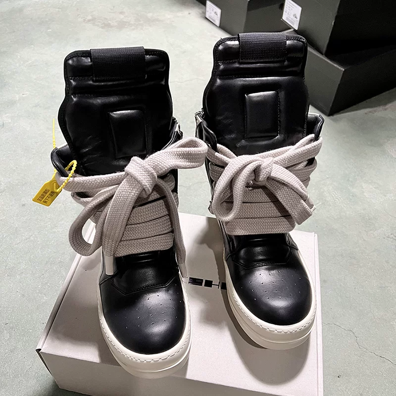 RO high tube shoes for men, thick shoelaces, genuine leather, classic black and white inverted triangle, dark gothic style, high street, large size board shoes, women's fashion