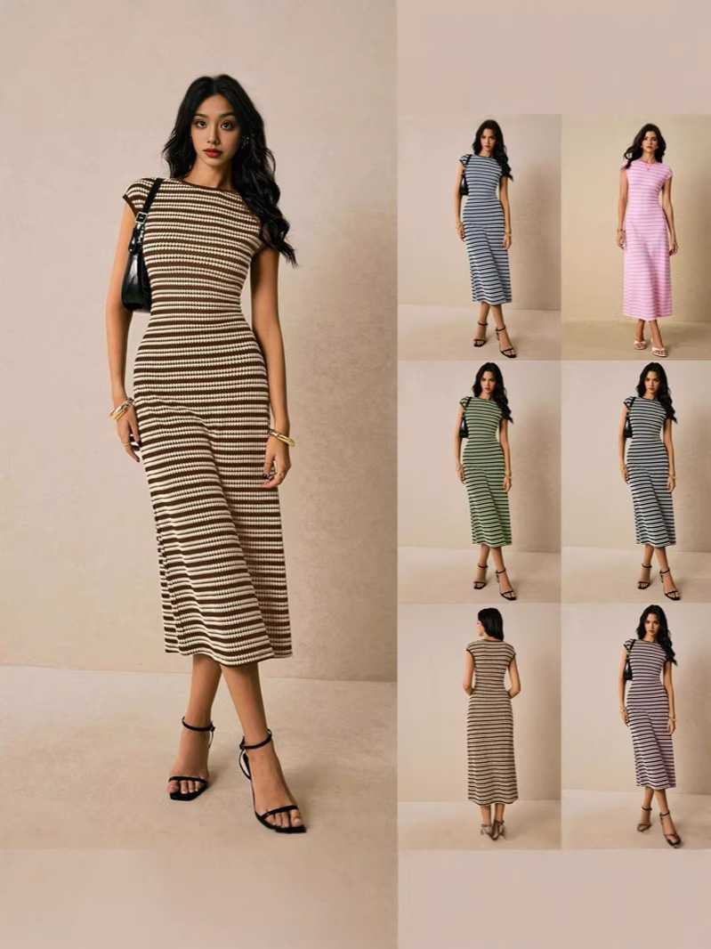 2026 Cross-Border European and American Amazon Fashion Casual Color-Blocked Striped Waist-Cinching Round Neck Short-Sleeved Long Women's Dress