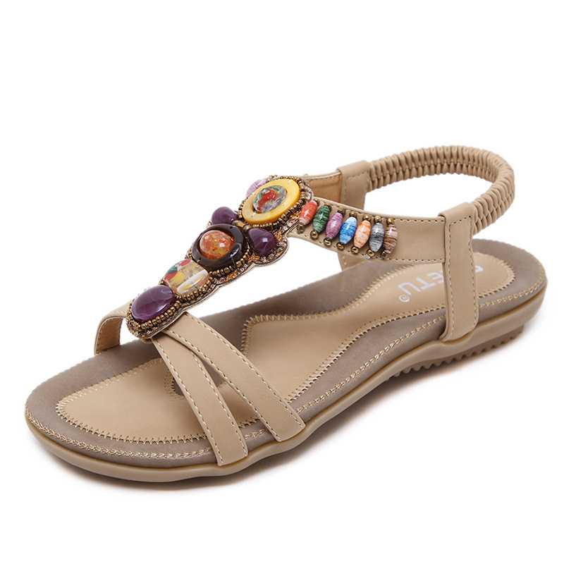(Sold Out, No Restock) Ethnic Style Women's Cross-Border Bohemian Beach Beaded Retro Large Size Flat Sandals Wholesale