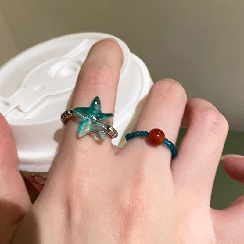 Mint Green Starfish Beaded Ring Women's Summer Fashion Personalized Girlfriend Food Finger Ring Niche Design Elegant All-match Ring